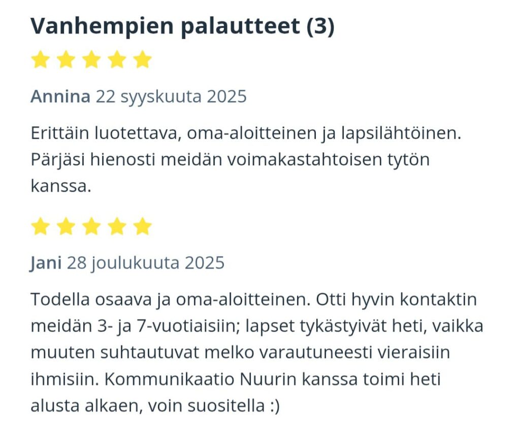 Vanhempien arviot lastenhoitajasta Helsingissä Suomessa